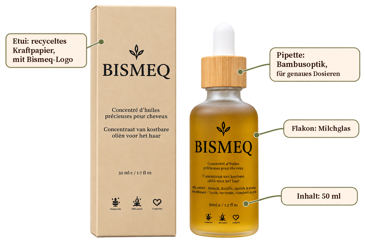Bismeq-Flakon aus Milchglas, 50 ml, Pipette in Bambusoptik und Schachtel aus recyceltem Kraftpapier